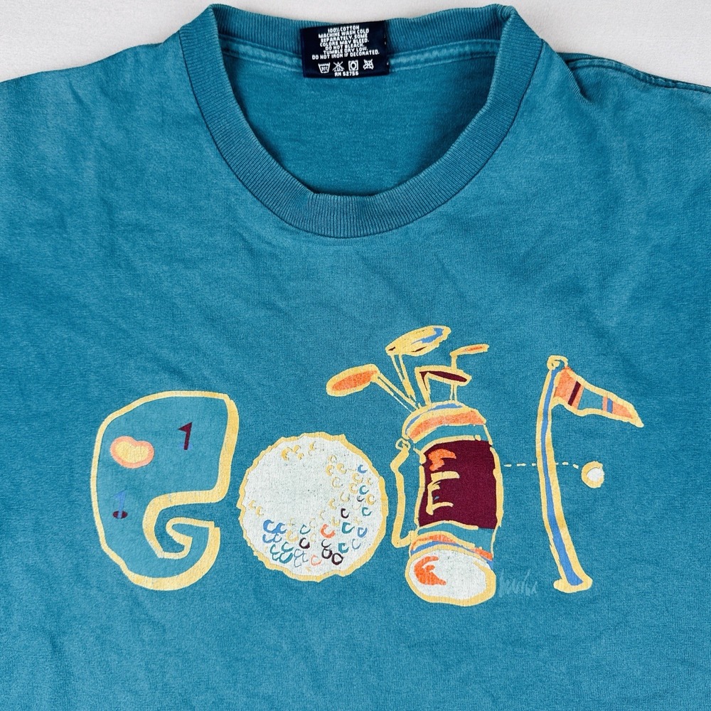 Vintage Jansport Golf Art T Shirt USA Made Teal Graphic Cotton Large
